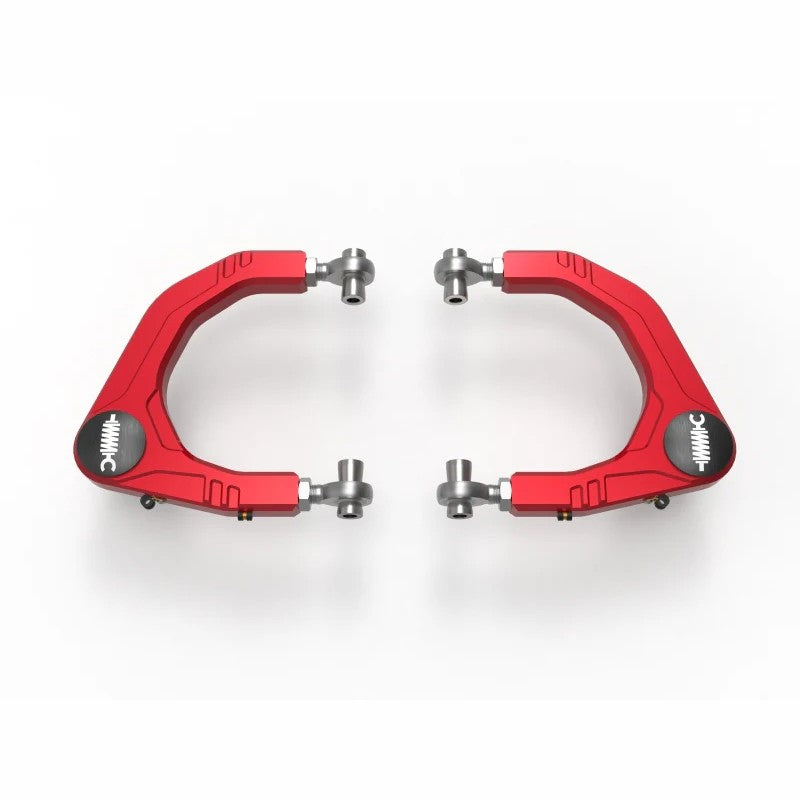 Red anodized 6061-T6 billet aluminum upper control arms with 1.25-inch uniballs for 2022-2026 Toyota Tundra and Sequoia.