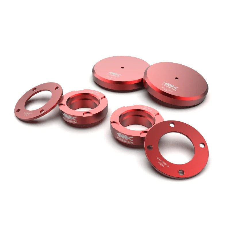 Red anodized 6061 billet aluminum spacers and hardware for aFe CONTROL 2.5 inch front and 1 inch rear lift kit.