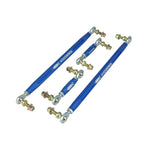 Blue anodized aFe Control adjustable front and rear sway bar end links with Aurora rod ends and 1144 steel studs.