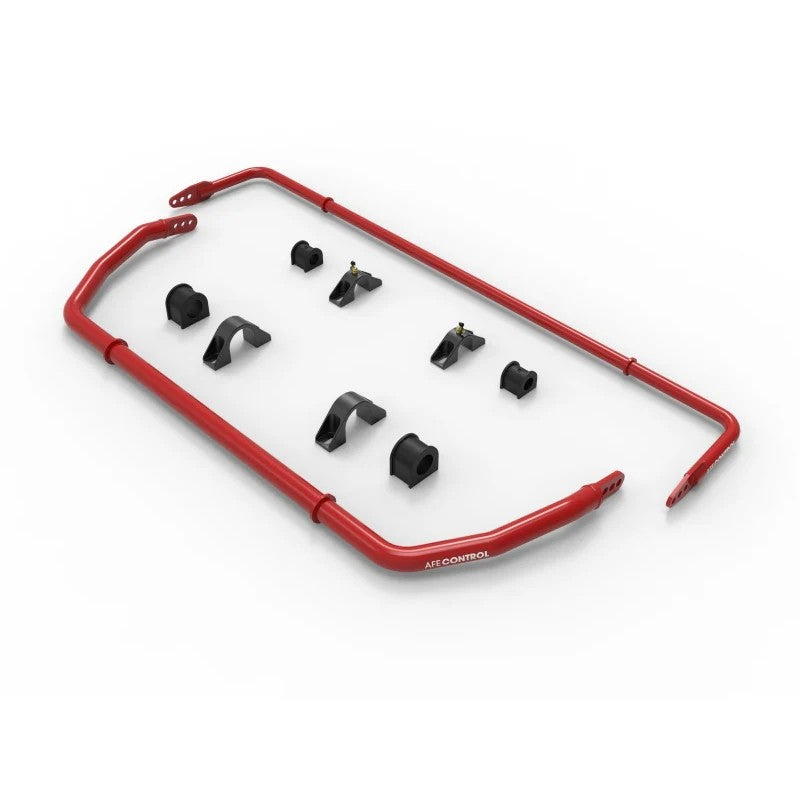 aFe Control red powder-coated 3-way adjustable front and rear sway bars with billet brackets for Ford Explorer.
