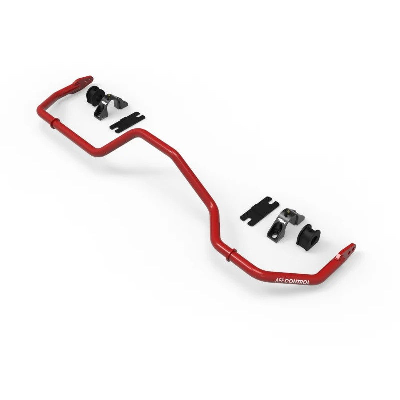 Red powder-coated aFe CONTROL 29mm rear sway bar with black billet aluminum brackets and polyurethane bushings.