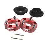 Red anodized CNC-machined billet aluminum leveling spacers and ride height sensor rods for Ram 1500 TRX
