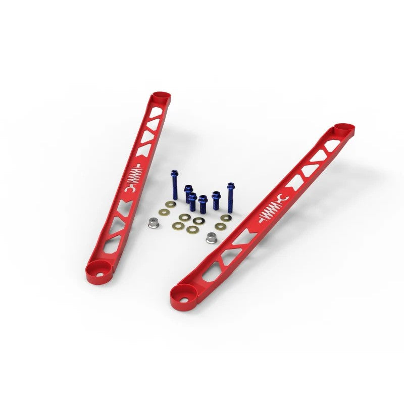 Red aFe CONTROL 304 stainless steel front suspension strut brace with burnt-blue titanium hardware for Toyota GR Supra.
