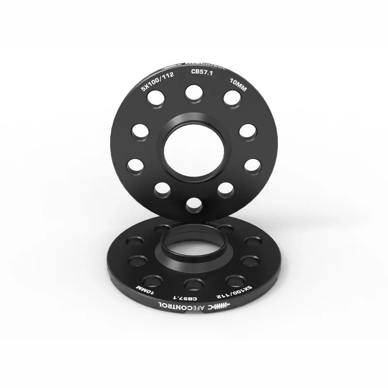 Black anodized aFe CONTROL 10mm hub-centric billet aluminum wheel spacers with 5x100 and 5x112 dual bolt patterns