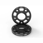 Pair of black 18mm aFe CONTROL billet aluminum wheel spacers with 5x112 bolt pattern and 66.6mm hub-centric bore.