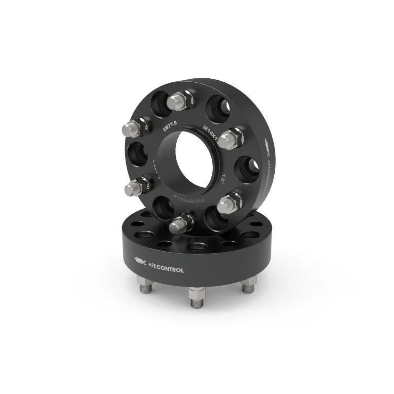 Pair of black anodized aFe CONTROL 1.5 inch hub-centric forged wheel spacers with studs for 2013-2026 Ram 1500.