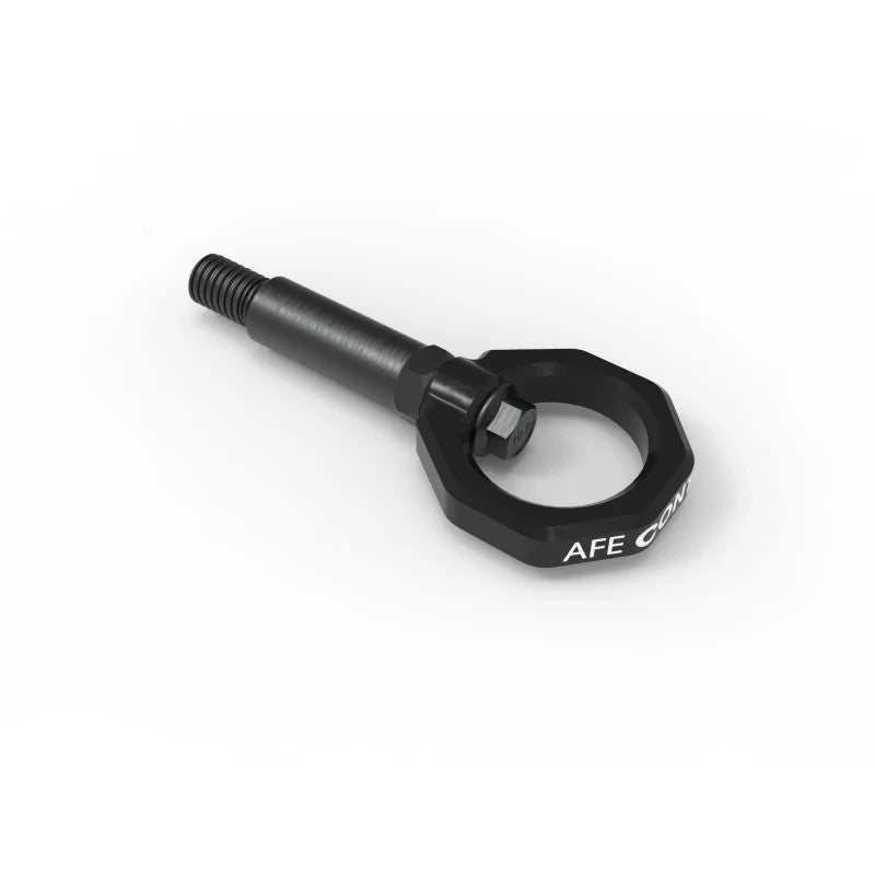 aFe Control front tow hook featuring a black powder-coated steel loop and black zinc-plated threaded stem.