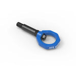 aFe Control blue powder-coated front tow hook with black zinc-coated 4130 steel stem for BMW F-Chassis models