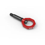 aFe Control red powder-coated steel front tow hook with black zinc stem for 2020-2026 Toyota GR Supra