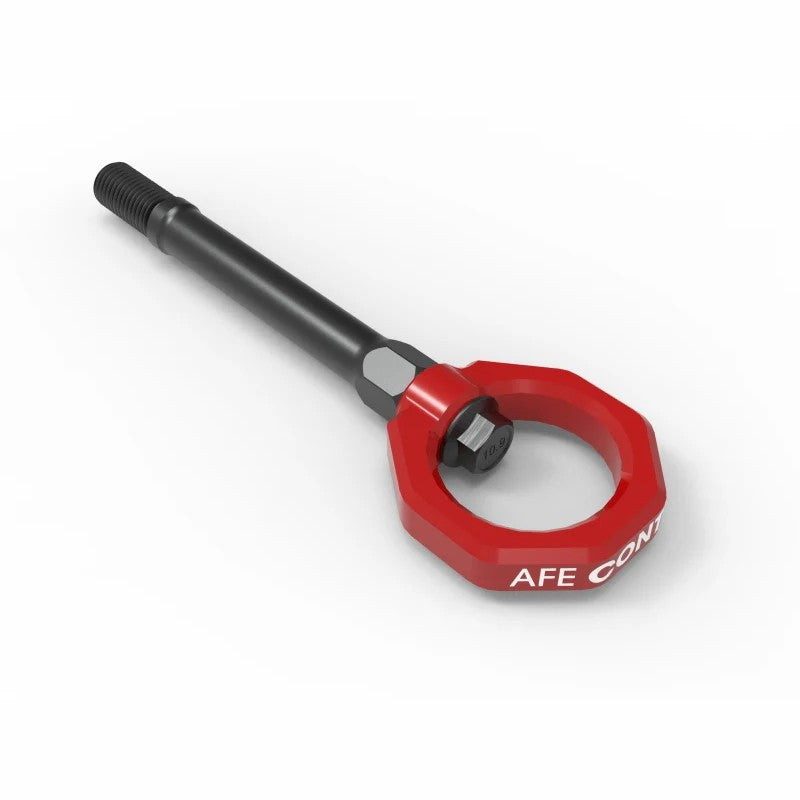 aFe CONTROL Red powder-coated 4130 steel front tow hook with black zinc stem for 2020-2026 Corvette Stingray.