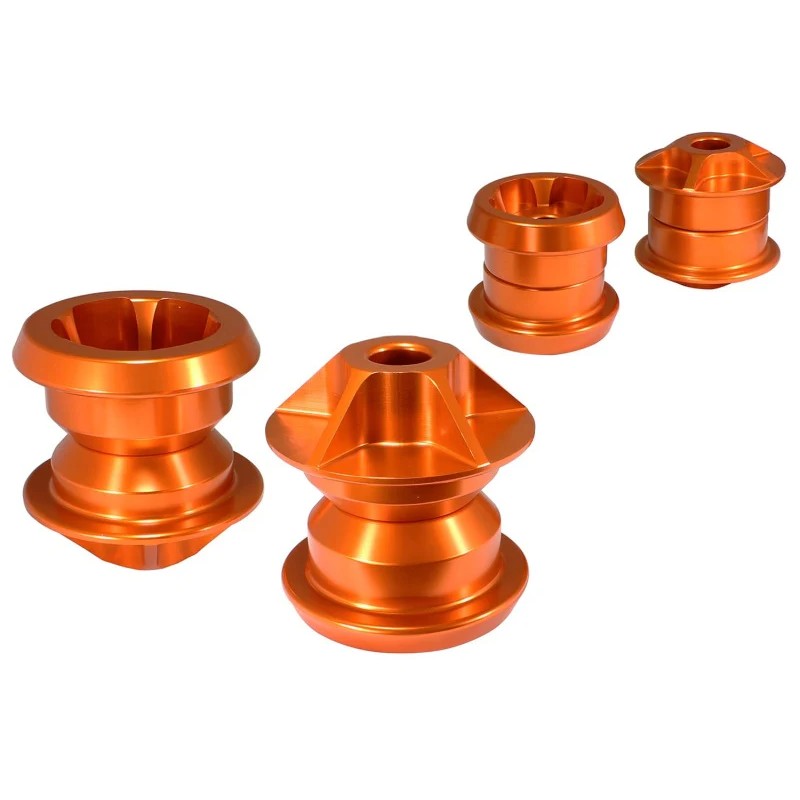 Four orange anodized CNC-machined aluminum solid subframe mounts for 2010-2015 Chevrolet Camaro