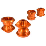Four orange anodized CNC-machined aluminum solid subframe mounts for 2010-2015 Chevrolet Camaro