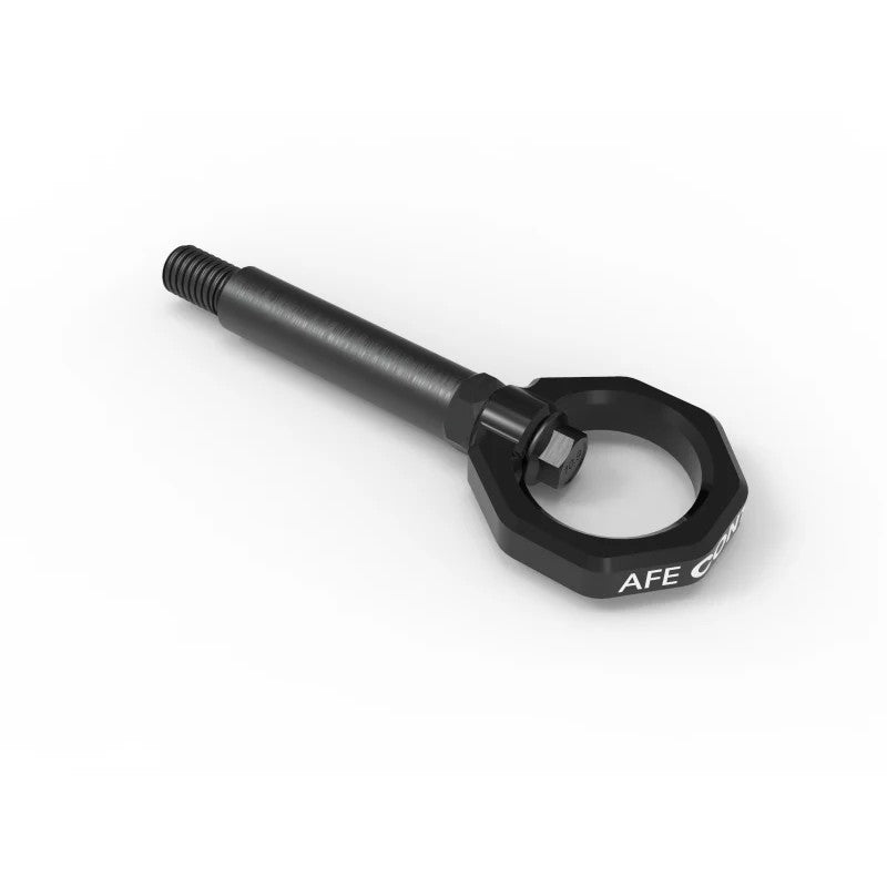 aFe Control black powder-coated 4130 steel rear tow hook with CNC machined stem for BMW F-chassis models