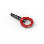 Red powder-coated CNC machined 4130 steel rear tow hook with black zinc stem for 2020-2026 Toyota GR Supra