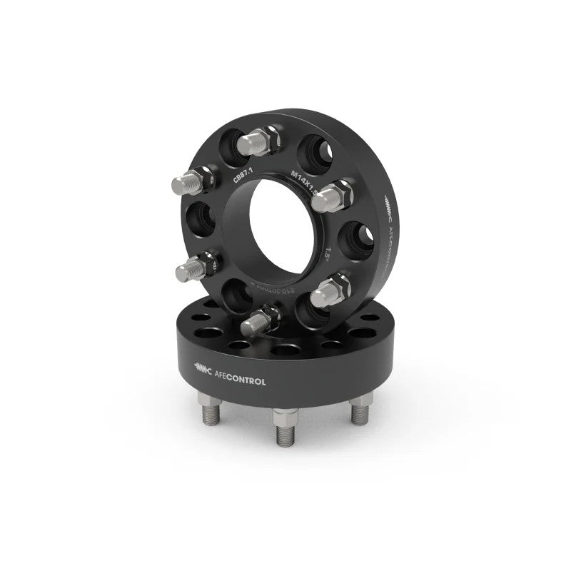 Pair of aFe CONTROL black anodized forged aluminum hub-centric wheel spacers with studs for Ford F-150.
