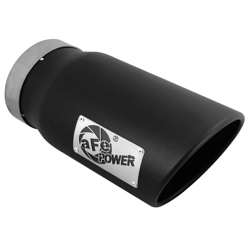 aFe Power black stainless steel diesel exhaust tip with 6-inch outlet, laser-cut logo plate, and included band clamp.