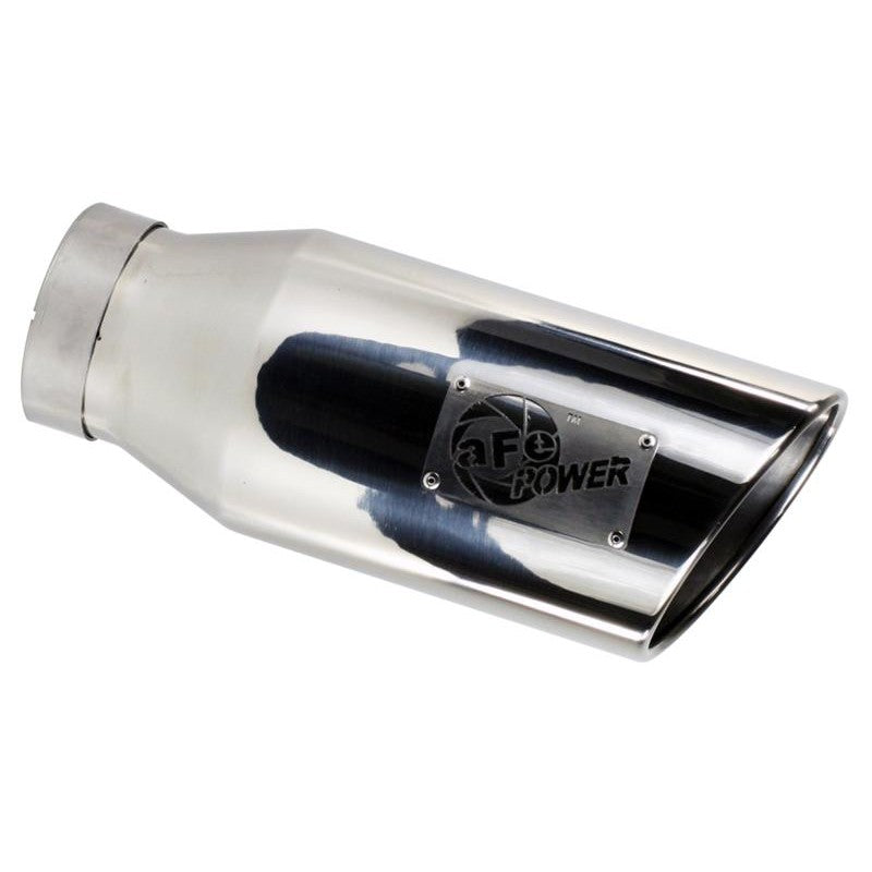 aFe Power polished stainless steel diesel exhaust tip with 4-inch inlet, 6-inch outlet, and included band clamp.