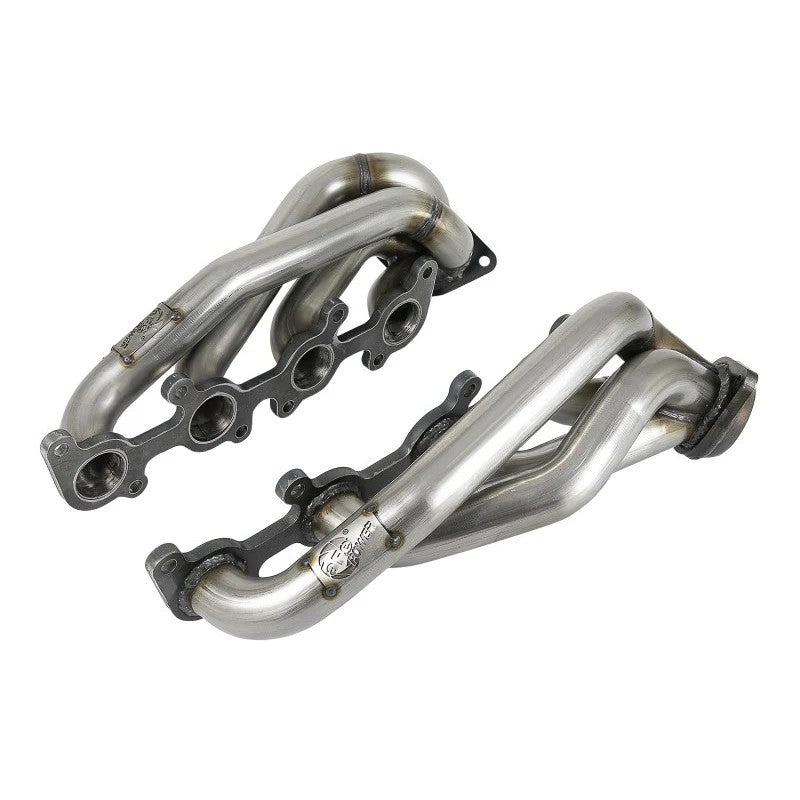 aFe Power Twisted Steel 304 stainless steel headers for 2015-2025 Ford F-150 5.0L featuring mitered collectors.