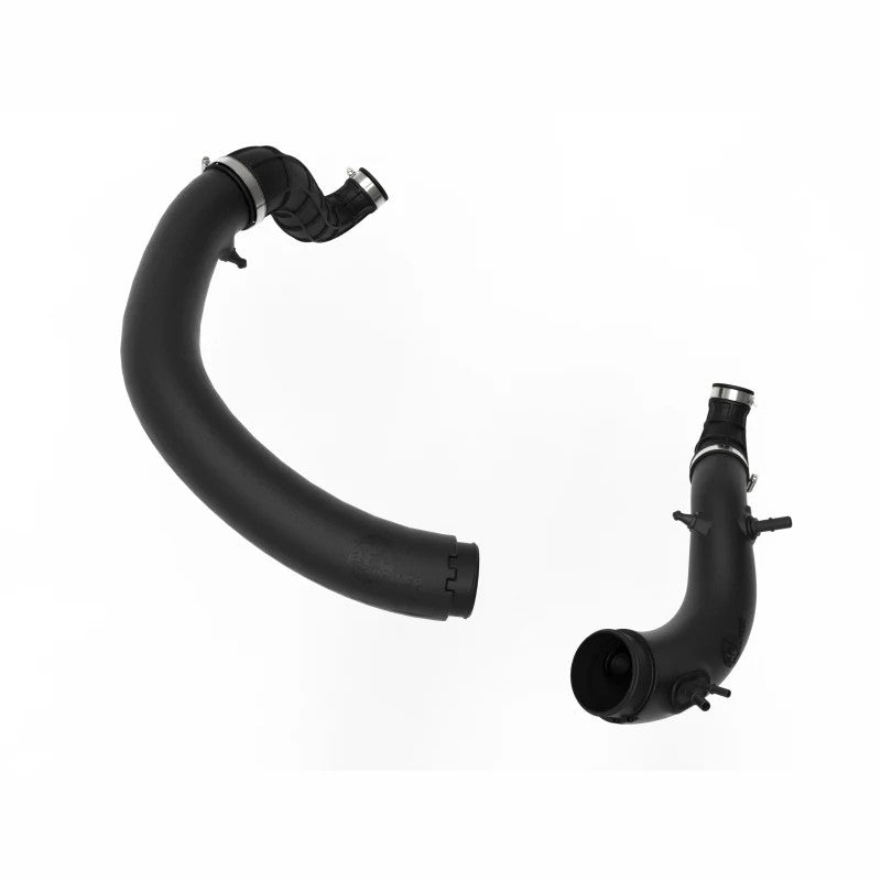 Black XLPE turbo inlet pipes with reinforced silicone couplings and stainless steel clamps for 3.5L Ford engines.