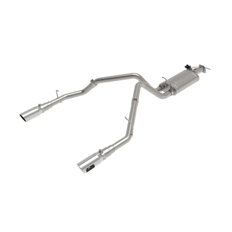 aFe Gemini XV 3-inch 304 stainless steel cat-back exhaust system with electronic valve and dual 5-inch polished tips.
