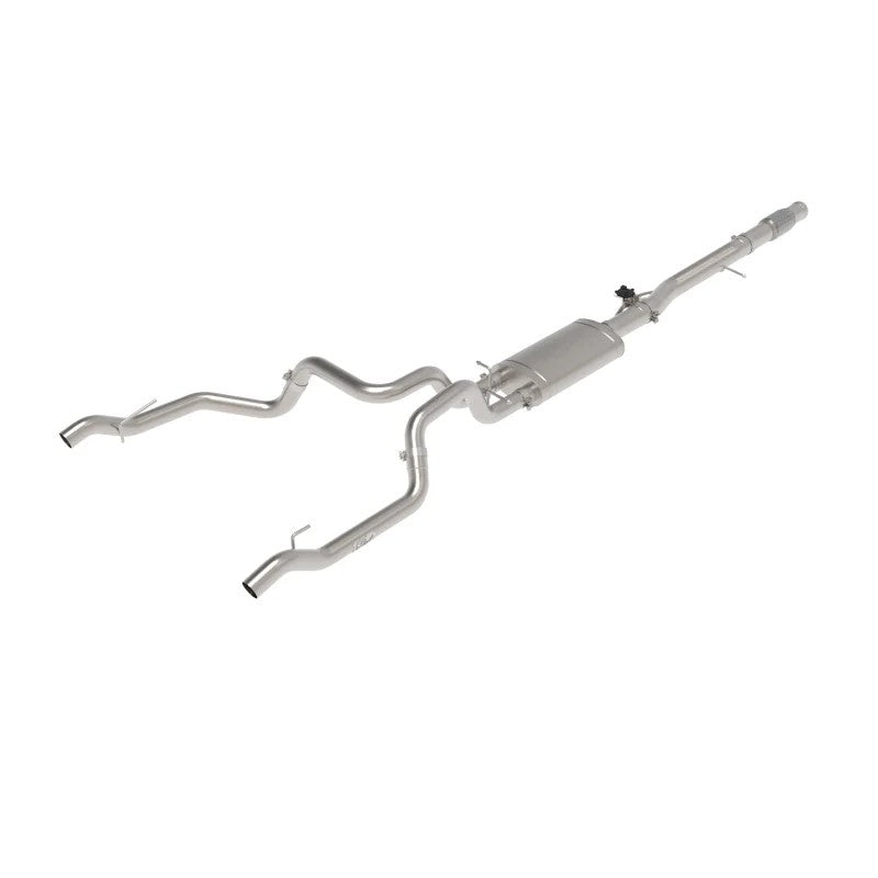aFe Gemini XV 304 stainless steel cat-back exhaust with 4-inch to dual 3-inch mandrel-bent tubing and hi-tuck tip