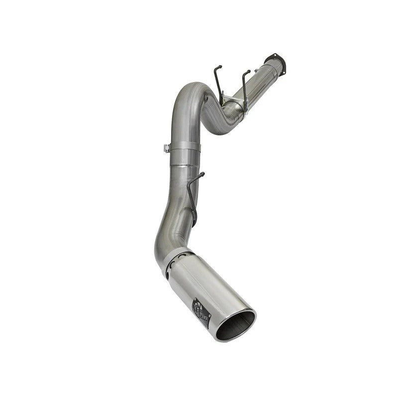 aFe LARGE BORE HD 5-inch 409 stainless steel DPF-back exhaust with a polished intercooled tip and laser-cut logo plate.