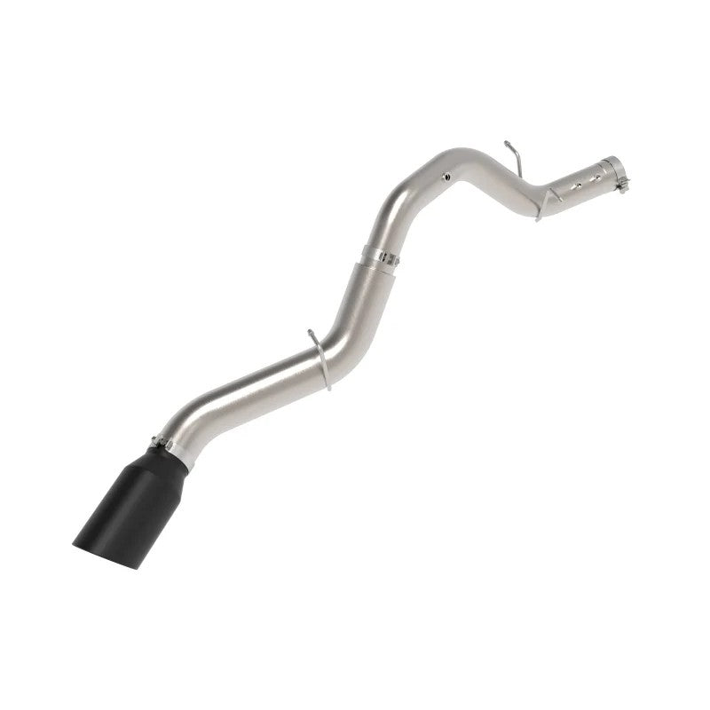 aFe Large Bore-HD 5-inch stainless steel DPF-back exhaust with 7-inch black clamp-on tip and logo plate.
