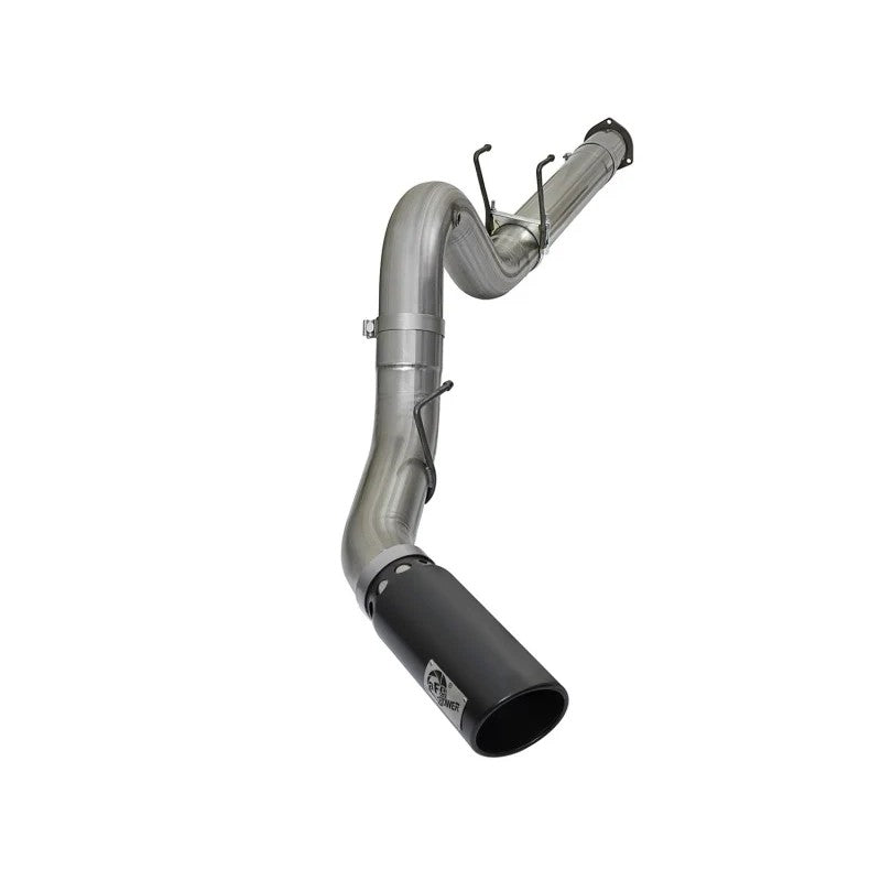 aFe Power Large Bore-HD 5-inch 409 stainless steel DPF-back exhaust system with black intercooled slash-cut tip.