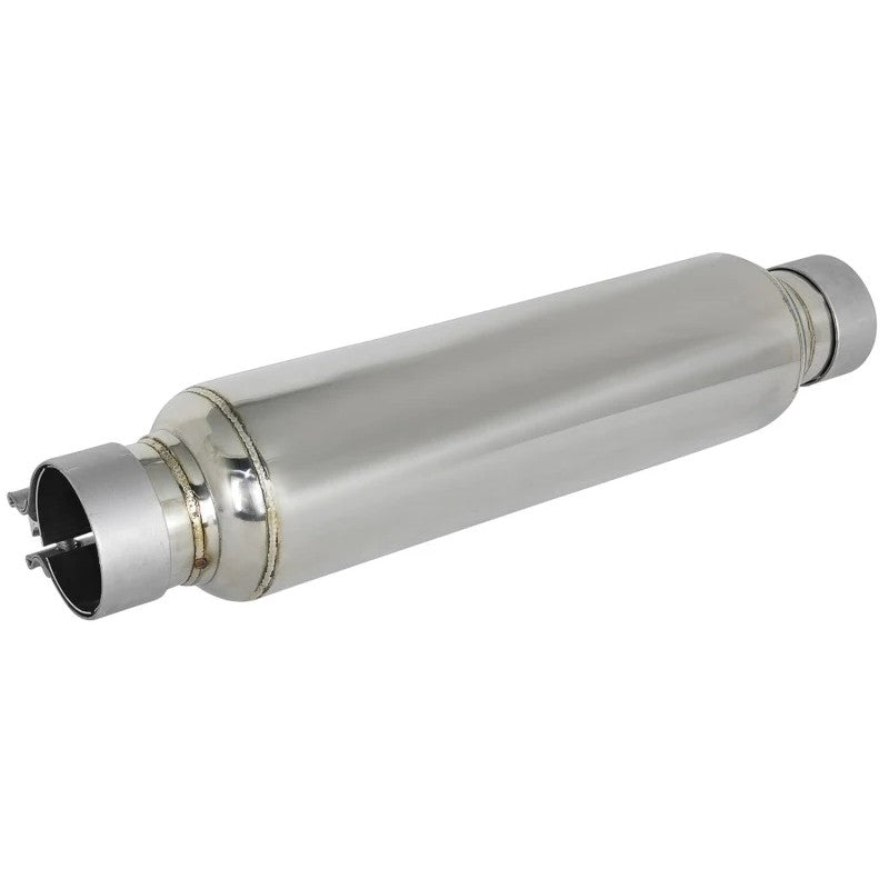 Polished 304 stainless steel aFe MACH Force-Xp resonator with 2.5-inch inlet and outlet and included band clamps.