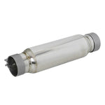Polished stainless steel aFe MACH Force-Xp exhaust resonator with 3 inch inlet and outlet.