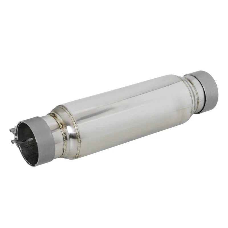 Polished stainless steel aFe MACH Force-Xp exhaust resonator with 3 inch inlet and outlet.