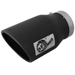 Black 304 stainless steel aFe MACHForce XP exhaust tip with 5-inch inlet, 7-inch outlet, and laser-cut logo.