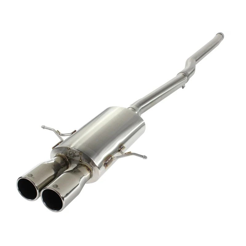aFe MACHForce XP cat-back exhaust system featuring dual 3.5 inch polished tips and crossover pipe for Mini Cooper.