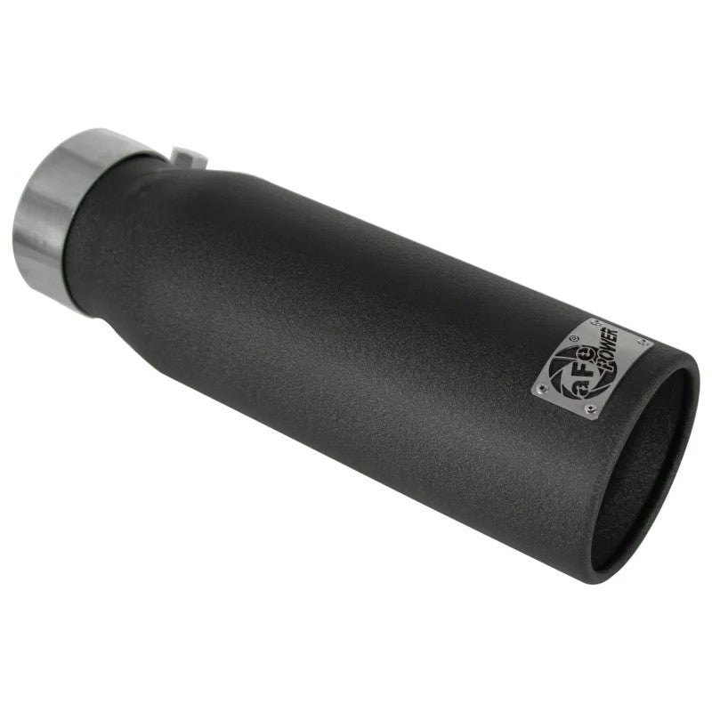 Wrinkle black aFe MACHForce XP 304 stainless steel exhaust tip with slash cut and laser-etched logo.