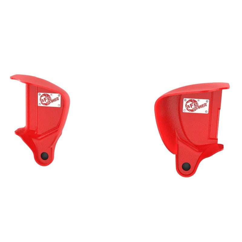 Pair of red aFe POWER Magnum FORCE dynamic air scoops for 2015-2020 BMW M3 and M4.