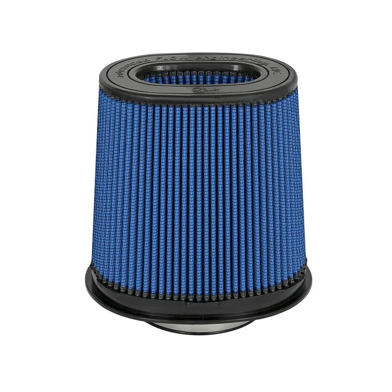 aFe Magnum FLOW Pro 5R replacement air filter with blue oiled media and black polyurethane base and inverted top.