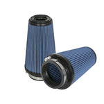 A pair of high-flow aFe Pro 5R air filters featuring blue oiled cotton media and black polyurethane frames.