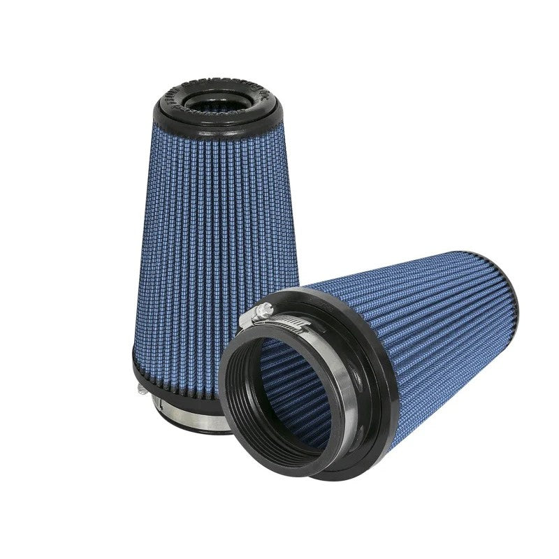 A pair of high-flow aFe Pro 5R air filters featuring blue oiled cotton media and black polyurethane frames.