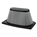 aFe Power Magnum FLOW PRO DRY S inverted air filter showing white synthetic oil-free media and black polyurethane frame.