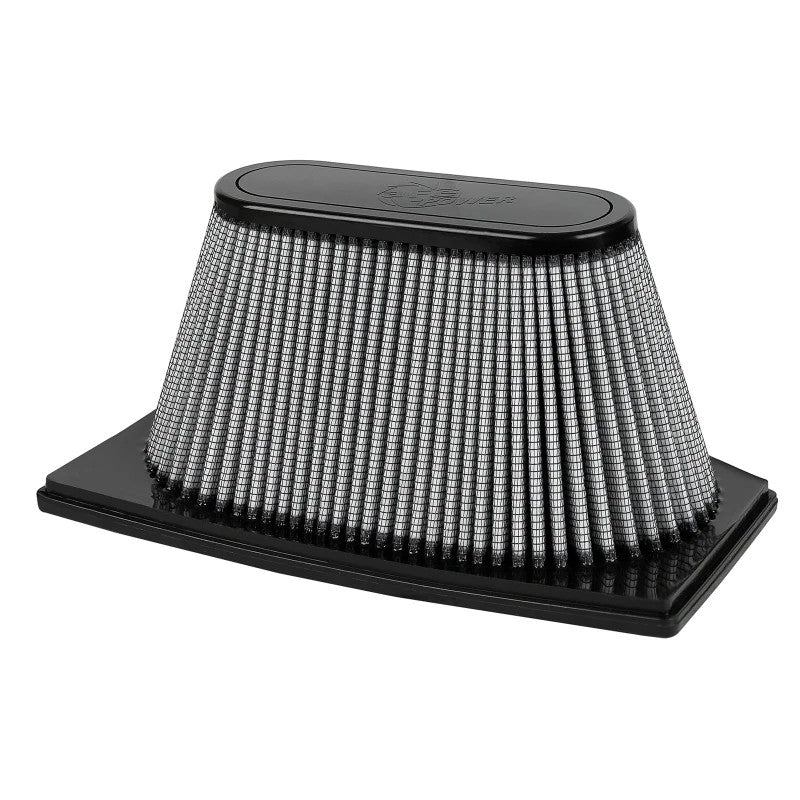 aFe Power Magnum FLOW PRO DRY S inverted air filter showing white synthetic oil-free media and black polyurethane frame.