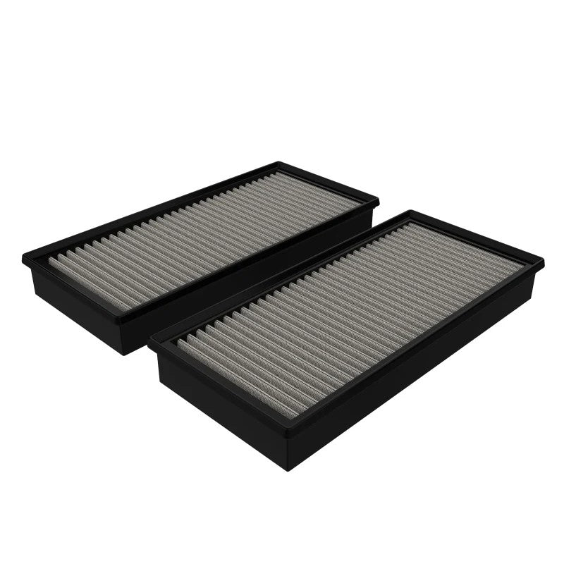 Pair of aFe Magnum FLOW Pro DRY S air filters with white 3-layer synthetic media and black polyurethane frames.