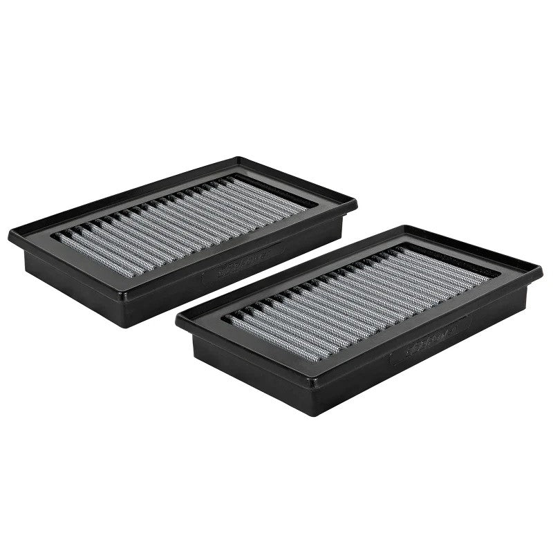 aFe Magnum FLOW Pro DRY S oil-free replacement air filter pair with blue synthetic media and black polyurethane frame.
