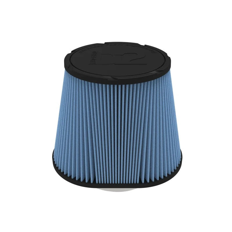 Oval aFe Power Magnum FORCE D2 Dura-Dry replacement air filter with black polyurethane base and stainless steel clamp.