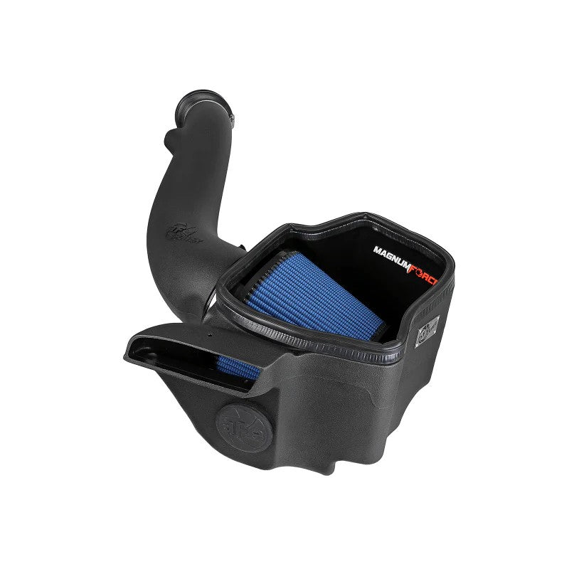 aFe Magnum FORCE Stage-2 Cold Air Intake with black XLPE housing and blue Pro 5R filter for Dodge and Jeep V6 engines.