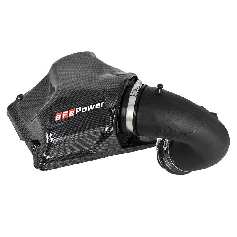 aFe Stage-2 Pro 5R cold air intake system with carbon fiber look cover and blue oiled air filter for BMW B48 engines.
