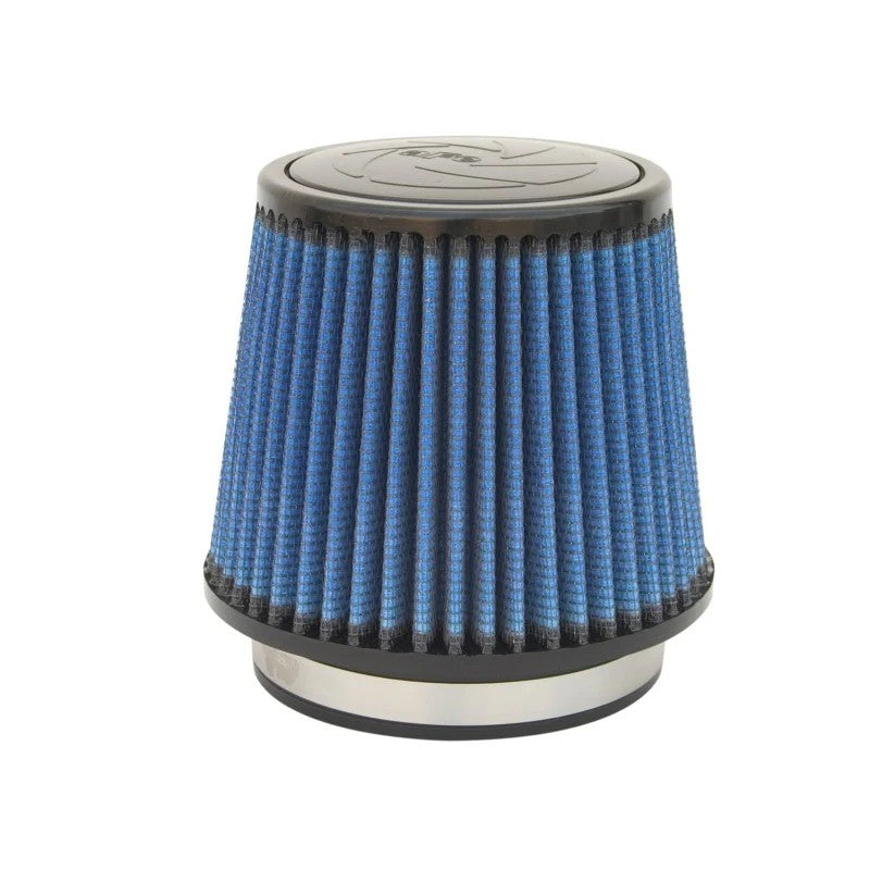 Conical aFe Power Pro 5R performance air filter with blue oiled cotton media and black polyurethane base and top.