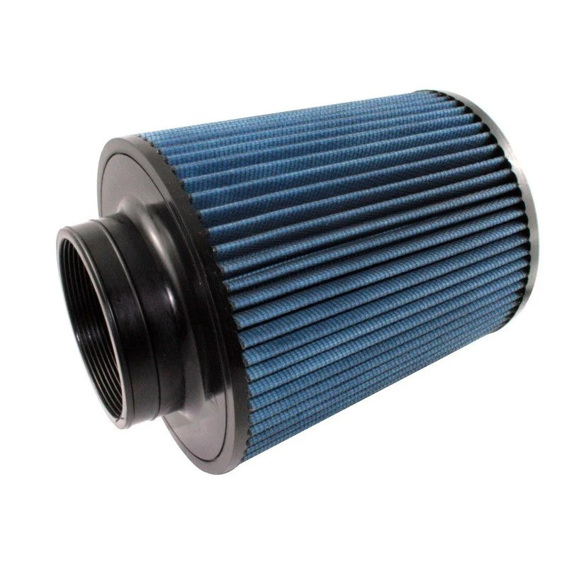aFe MagnumFLOW Pro 5R conical air filter with blue oiled media, inverted top, and black polyurethane flange.