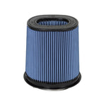 Oval tapered aFe MagnumFLOW Pro 5R performance air filter with blue oiled cotton gauze and black polyurethane base.
