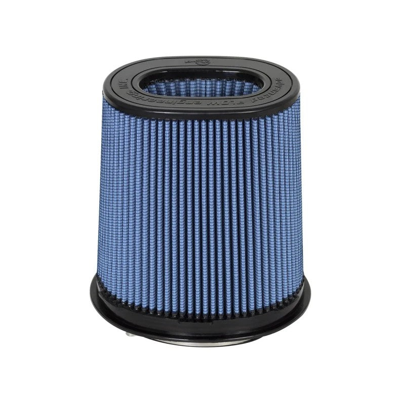 Oval tapered aFe MagnumFLOW Pro 5R performance air filter with blue oiled cotton gauze and black polyurethane base.