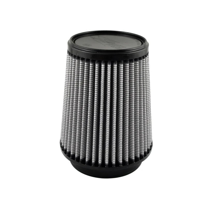 Conical aFe MagnumFLOW Pro DRY S performance air filter with 4.5 inch flange and black polyurethane base